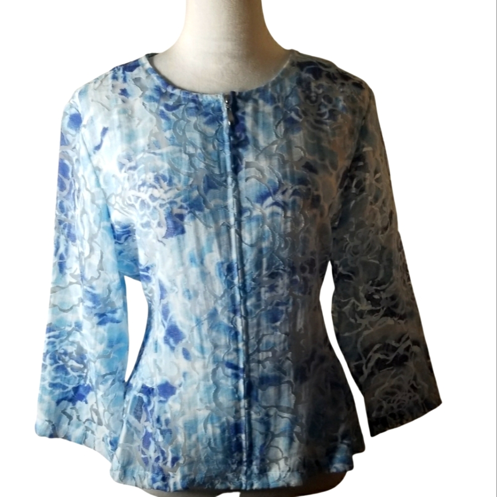 🦋Hearts Of Palm Sheer Blues Lace Overlay Zipper Down Top